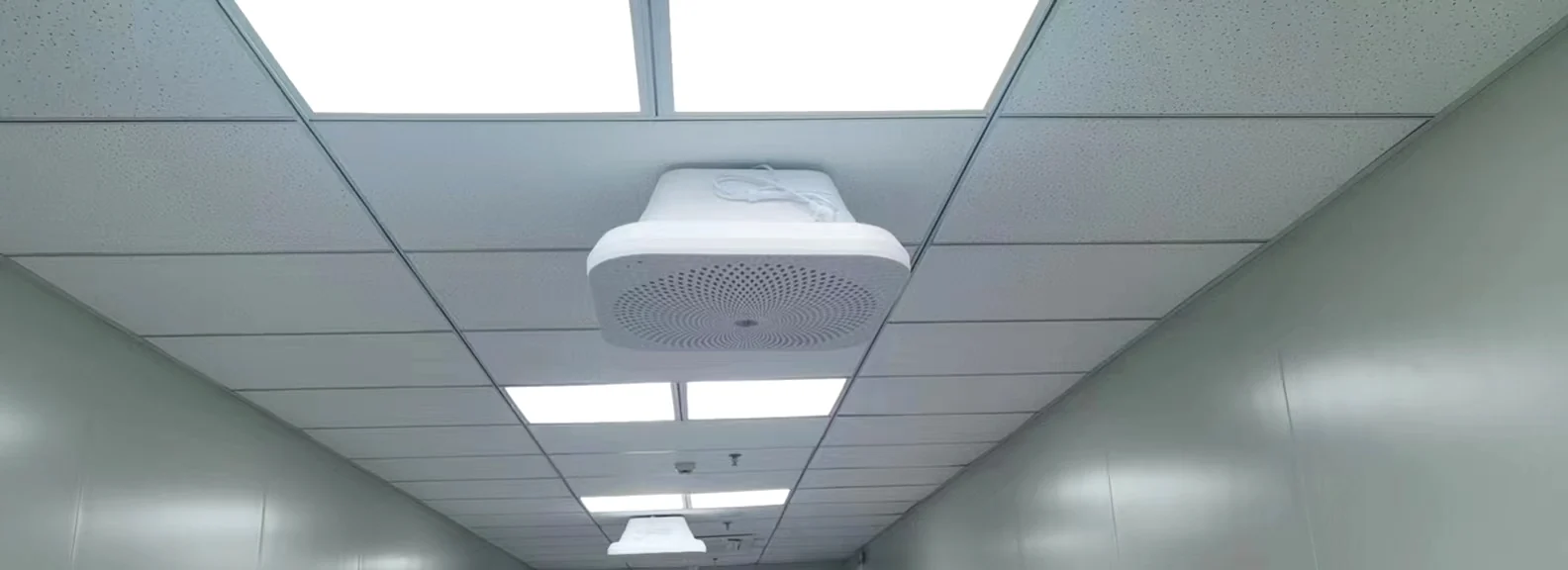 Air-disinfection unit installed in a hospital corridor ceiling