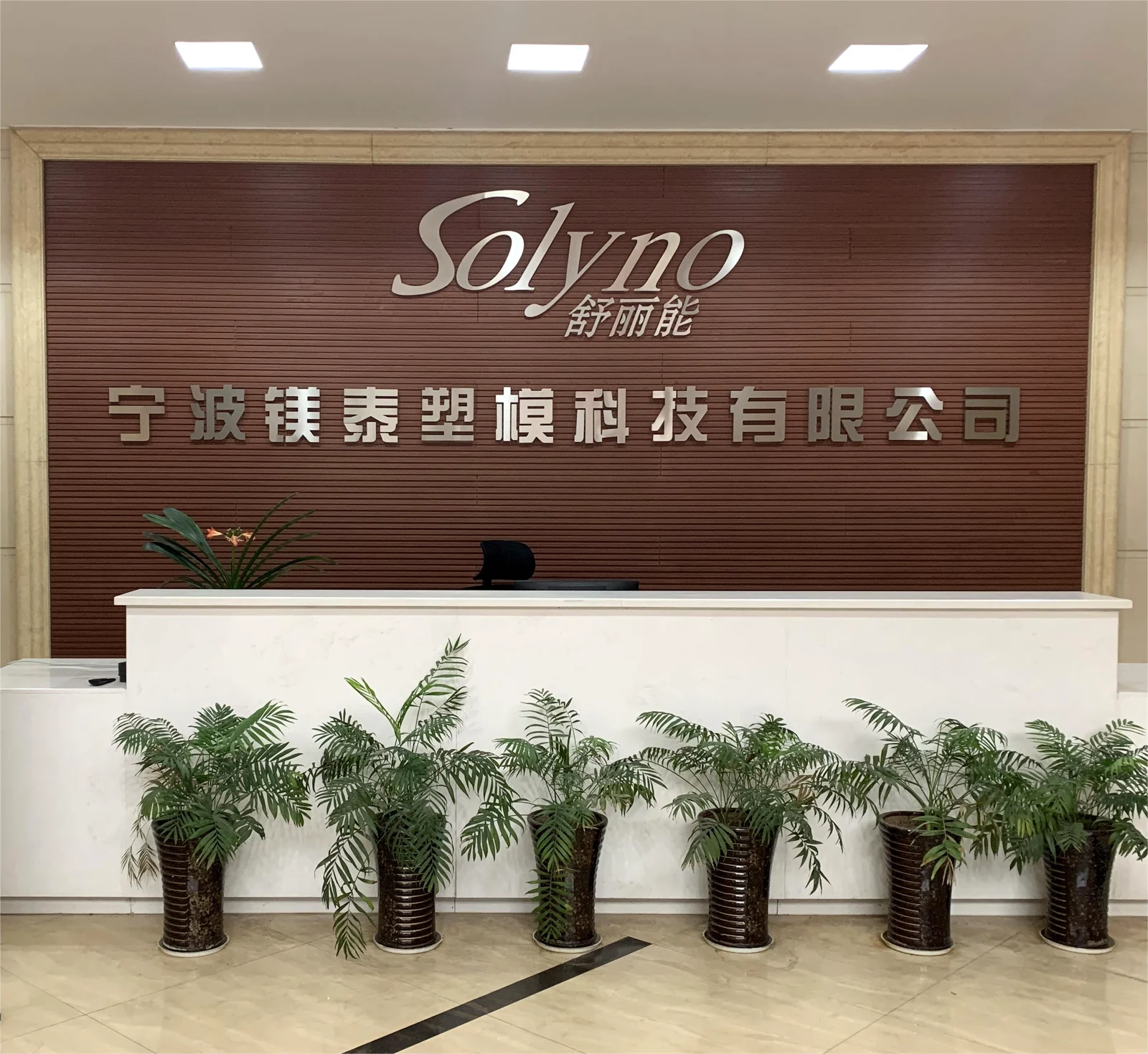 Solyno Air reception area with the company logo wall